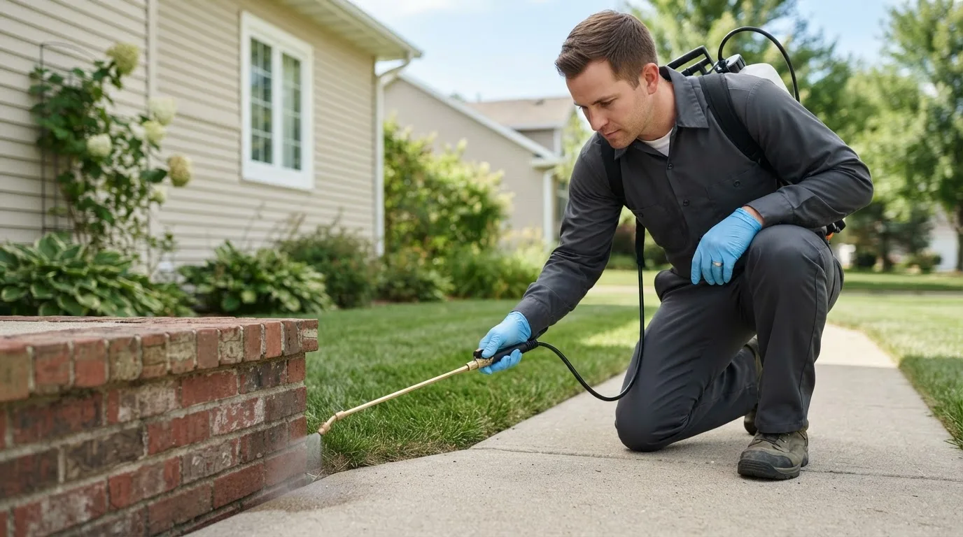 Pest control technician treating a home near Macy, IN